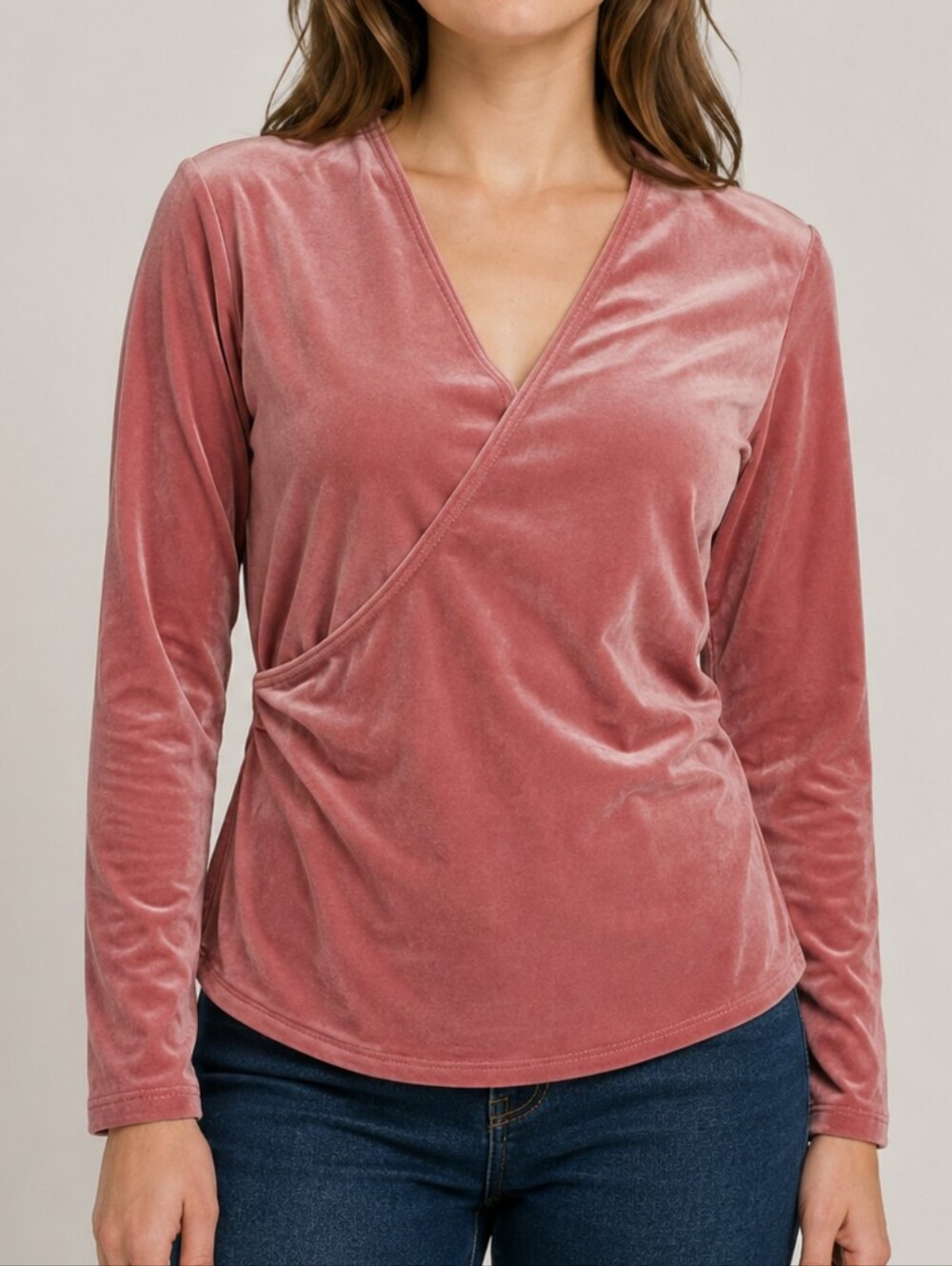 Sundance Pink Velvet Faux Wrap Long Sleeve Top